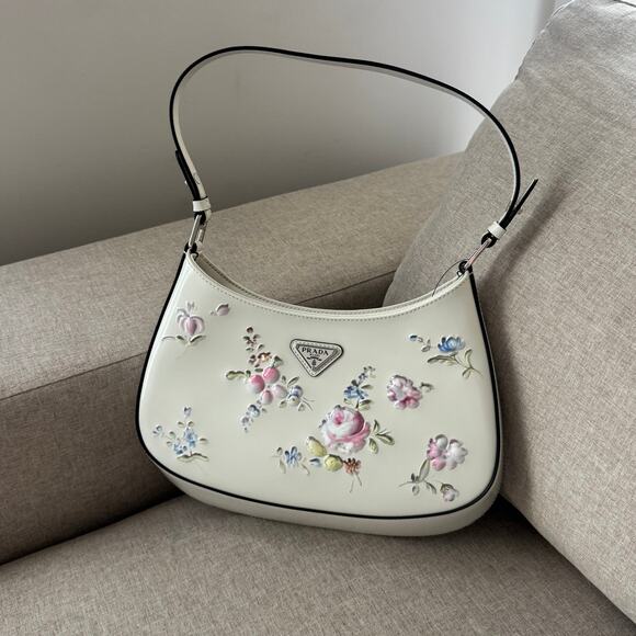 Prada Cleo Floral Embossed Bag RARE White Pastel Porcelain Effect Shoulder Bag - Picture 3 of 12